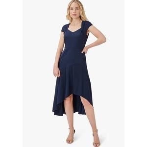 Adrianna Papell Divine Crepe High Low Dress in Midnight Blue, size 14